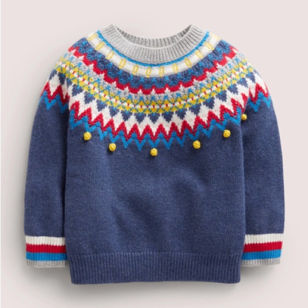 NWT Mini Boden Kids’ Fair Isle Crewneck Sweater | College Navy Multi | Size 2-3y